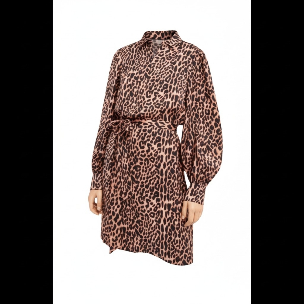 Scotch & Soda Leopard Animal Print Long Sleeve Tie Waist Pullover Midi Dress XL